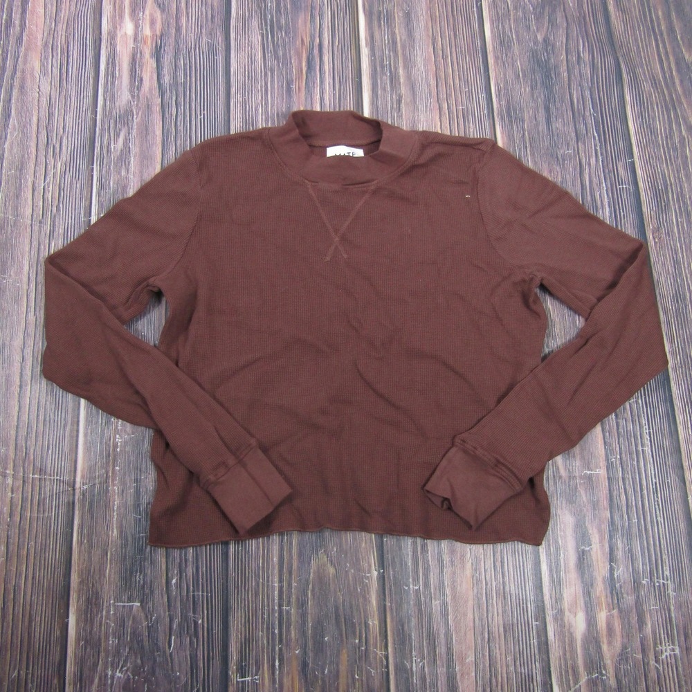 MATE Sweater Womens Small Brown Waffle-Knit Crew Neck Pullover 100% Cotton